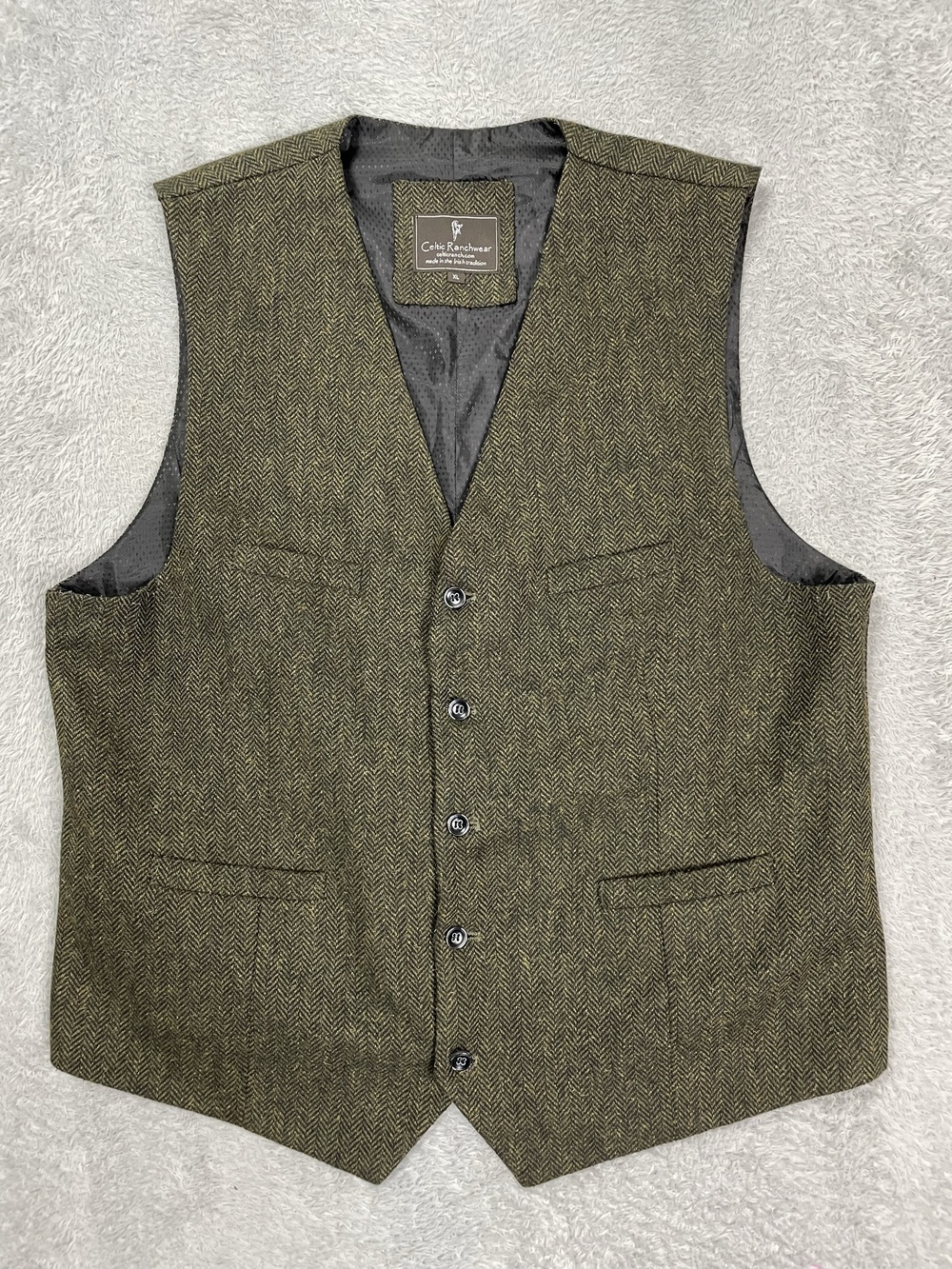 Celtic Ranchwear Suit Vest Mens XL Green Herringbone Tweed Belted Back